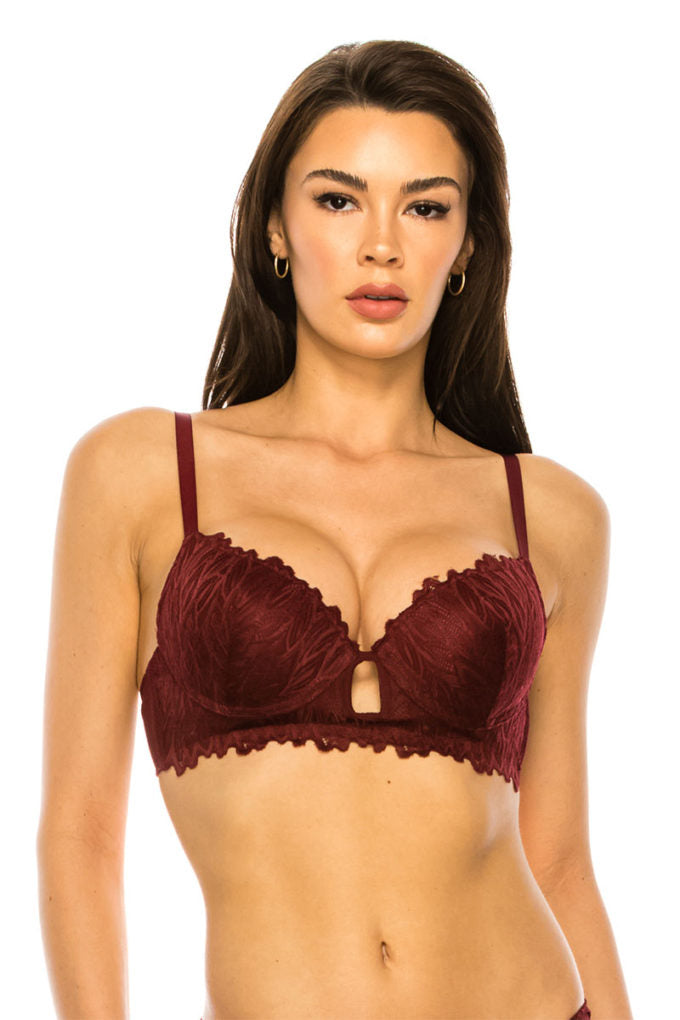 Coverage Lace Trim Bra - Wine