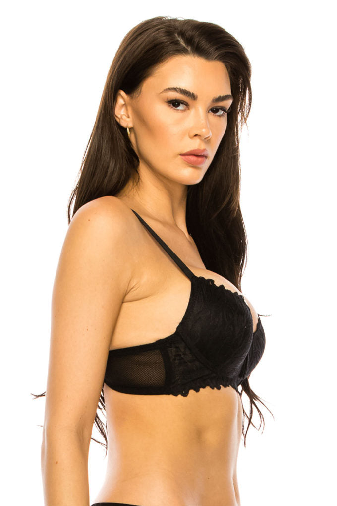 Coverage Lace Trim Bra - Black