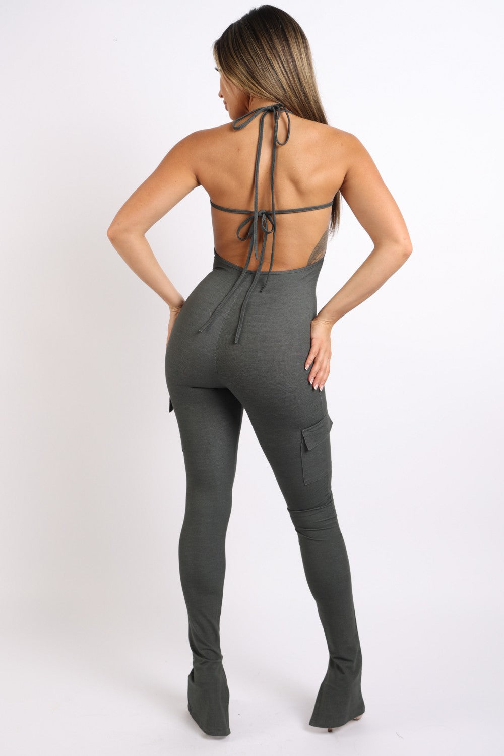 Cargo Pocket Halter Jumpsuit - Hunter