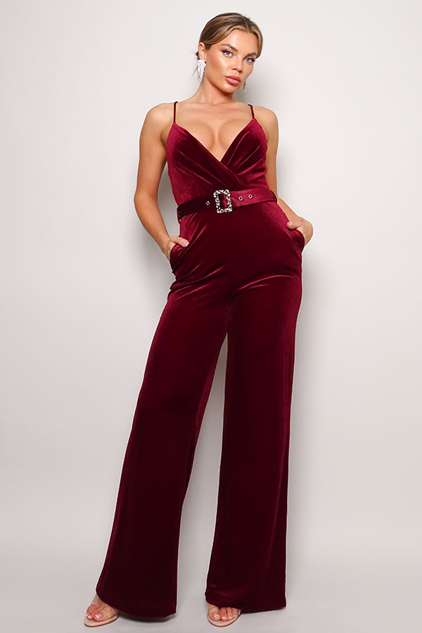 Velvet Rhinestone Belt Jumpsuit