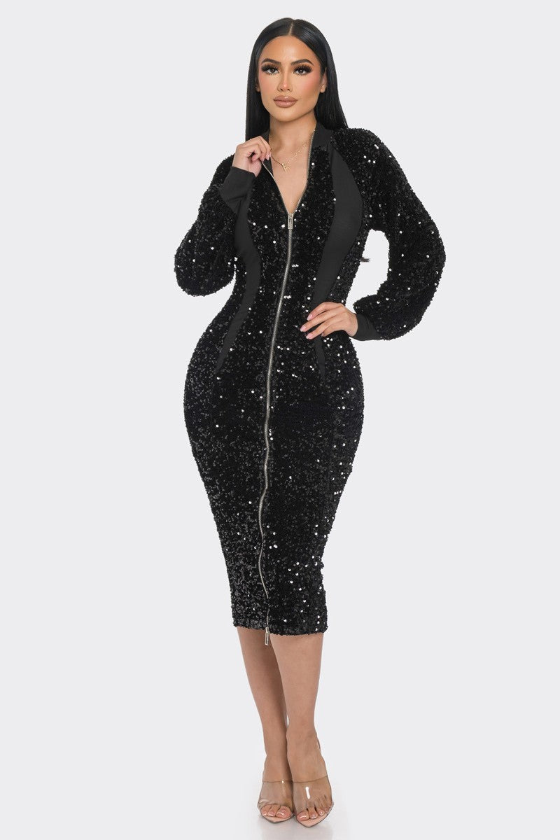 Sequin Zip Up Midi Dress