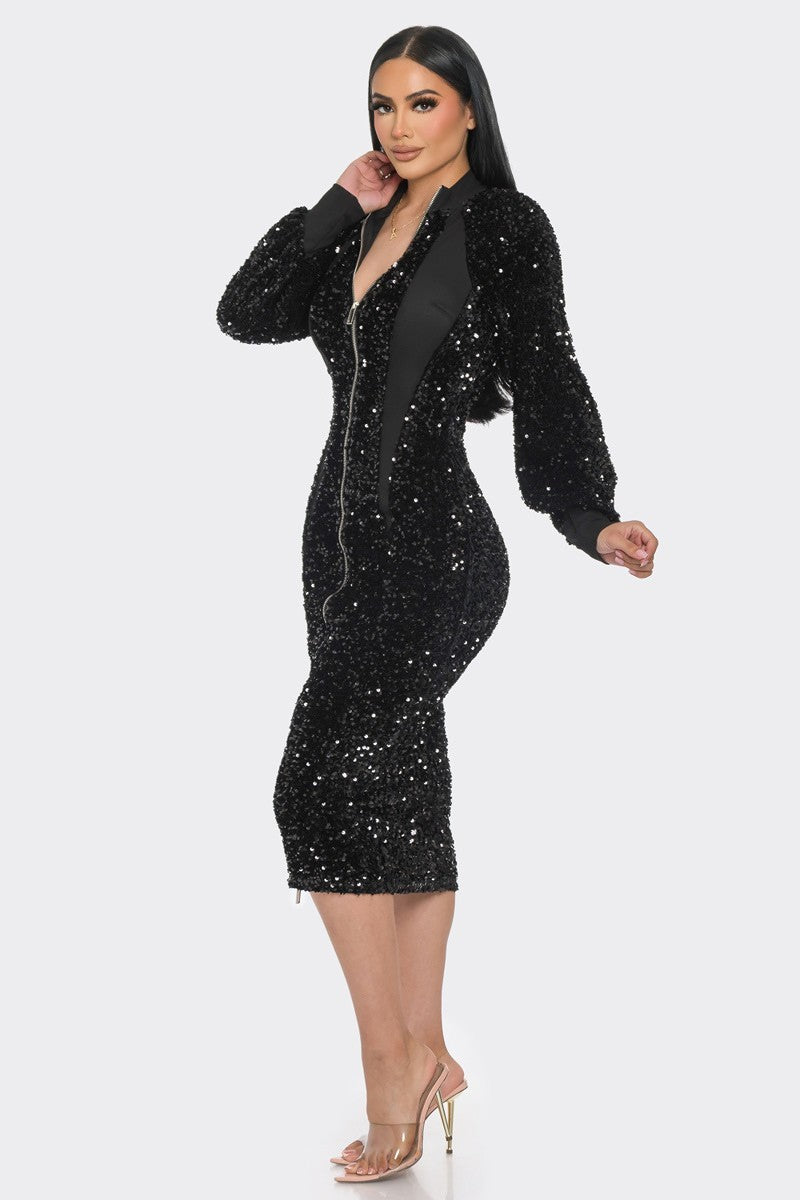 Sequin Zip Up Midi Dress