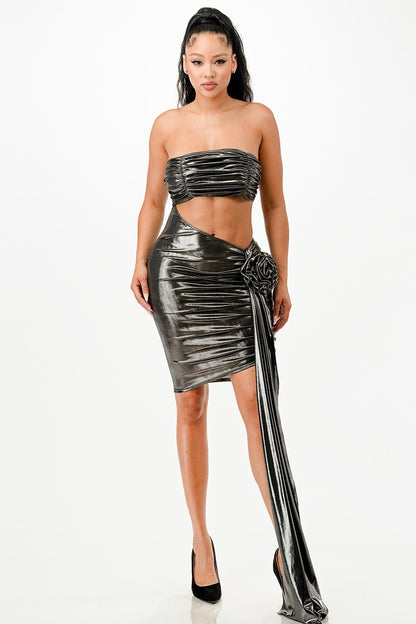 Metallic Strapless Side Cut Out Dress