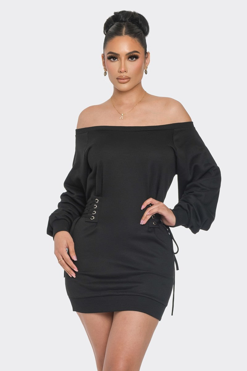 Off Shoulder Corsette Waist Mini Dress