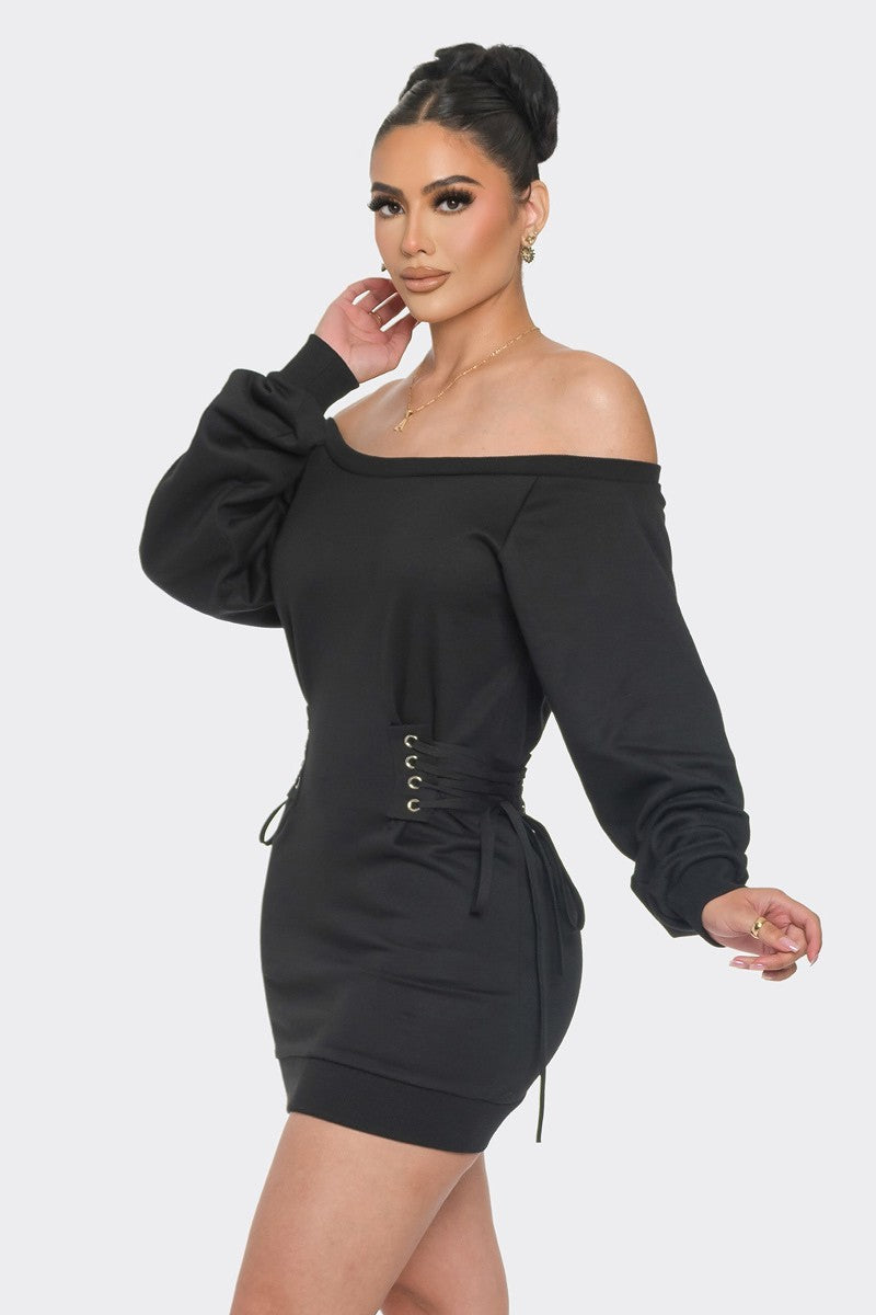 Off Shoulder Corsette Waist Mini Dress