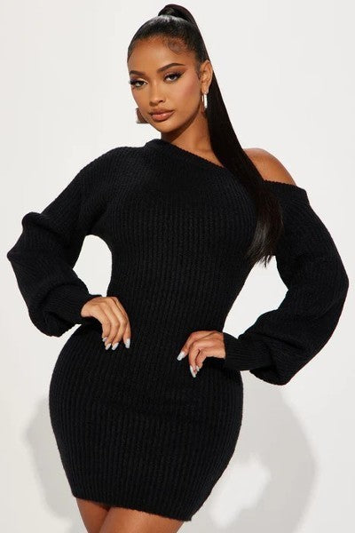 Sweater Knit Mini Dress - Black