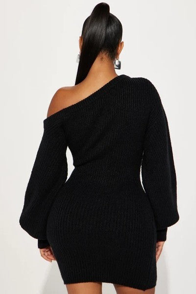 Sweater Knit Mini Dress - Black