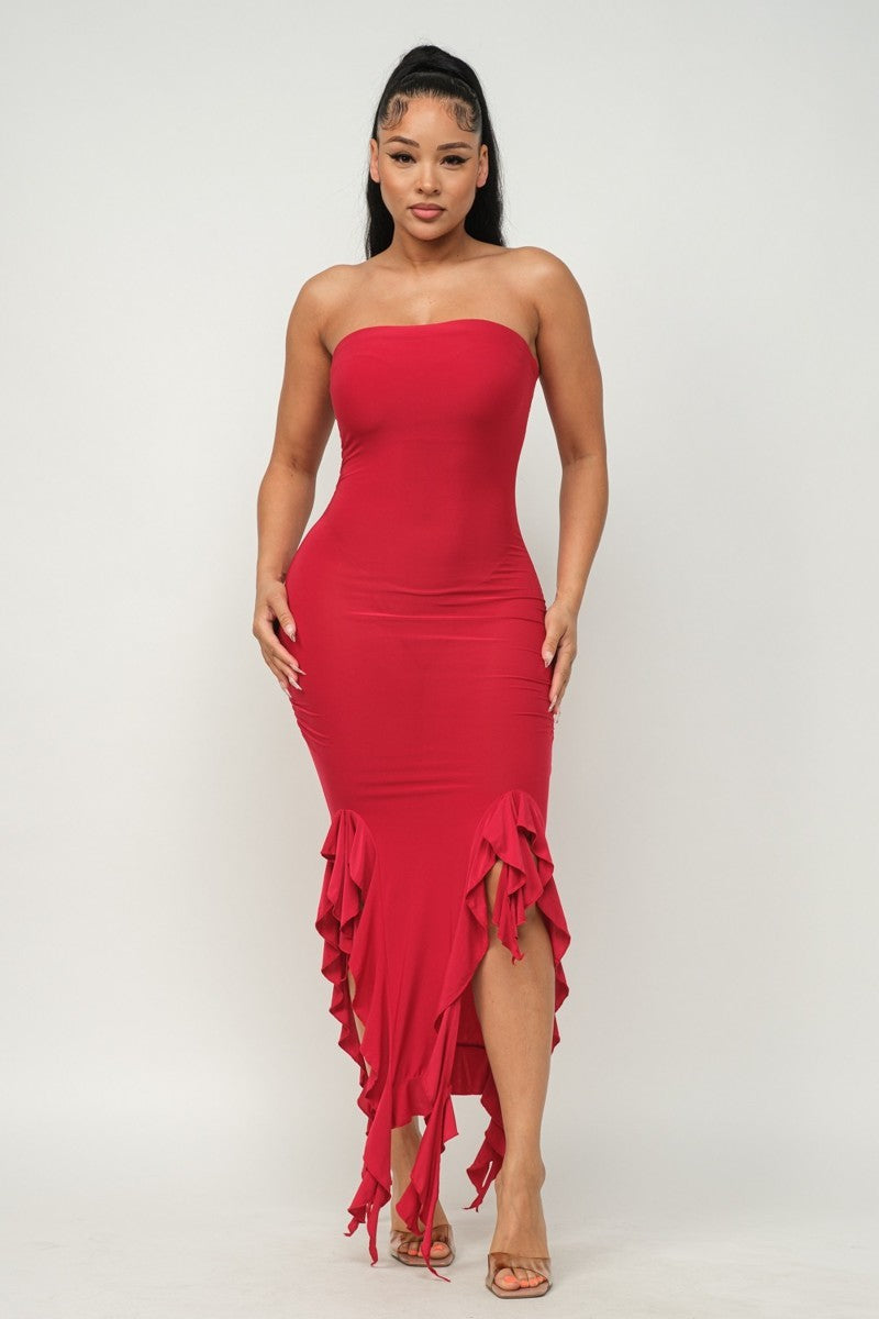 Strapless Ruffle Hem Maxi Dress