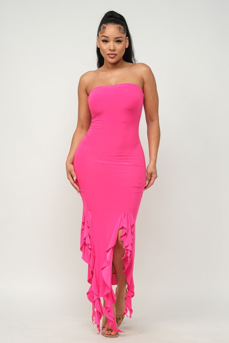 Strapless Ruffle Hem Maxi Dress