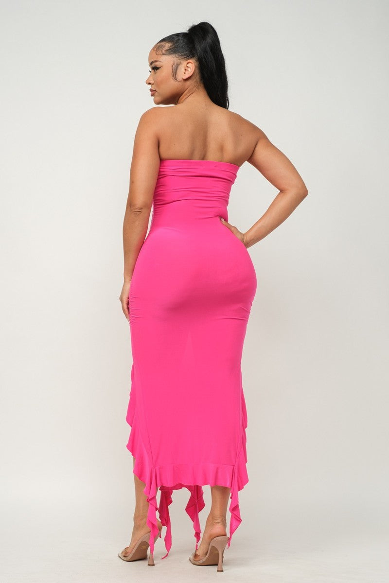 Strapless Ruffle Hem Maxi Dress