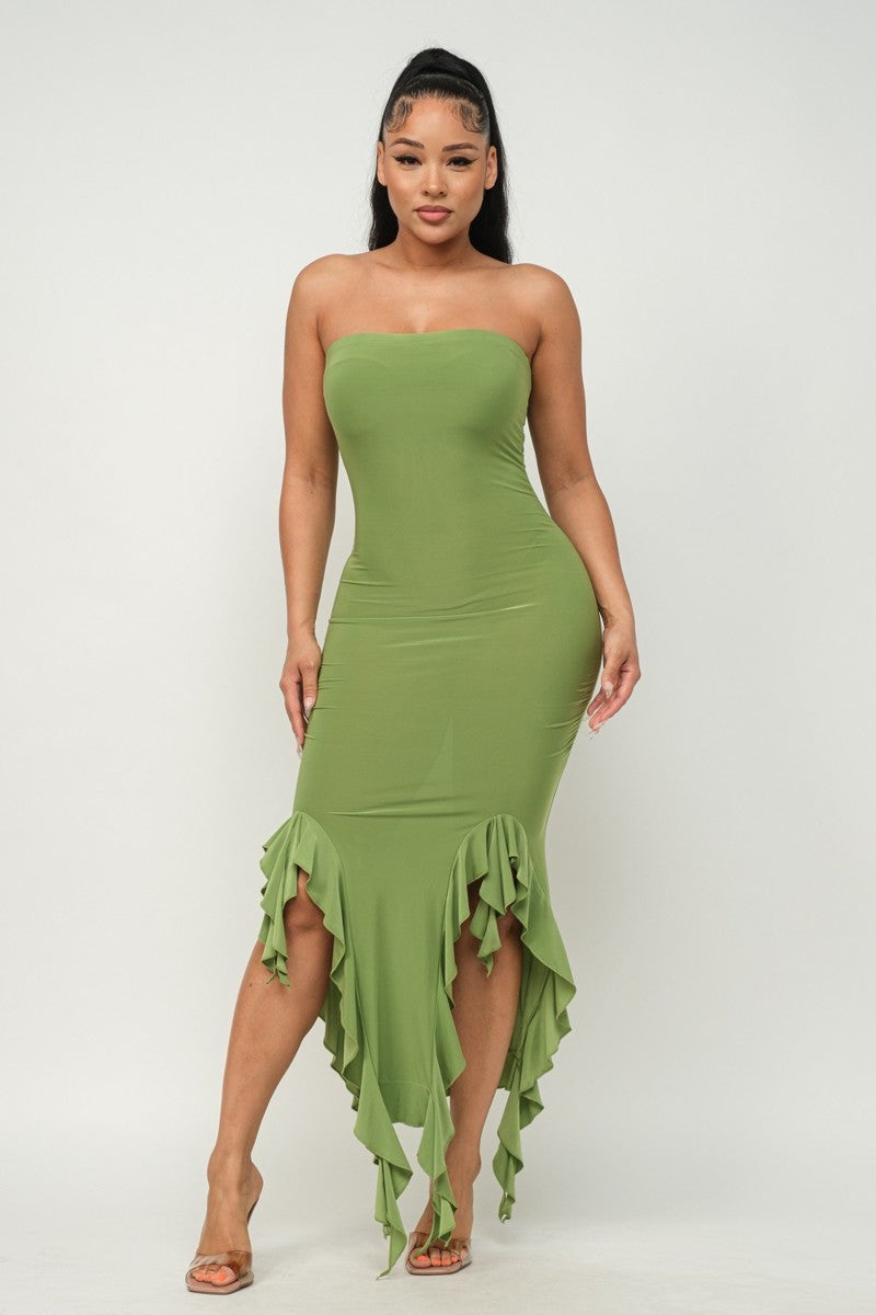 Strapless Ruffle Hem Maxi Dress