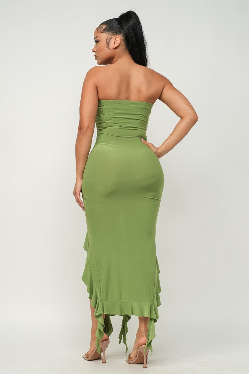 Strapless Ruffle Hem Maxi Dress