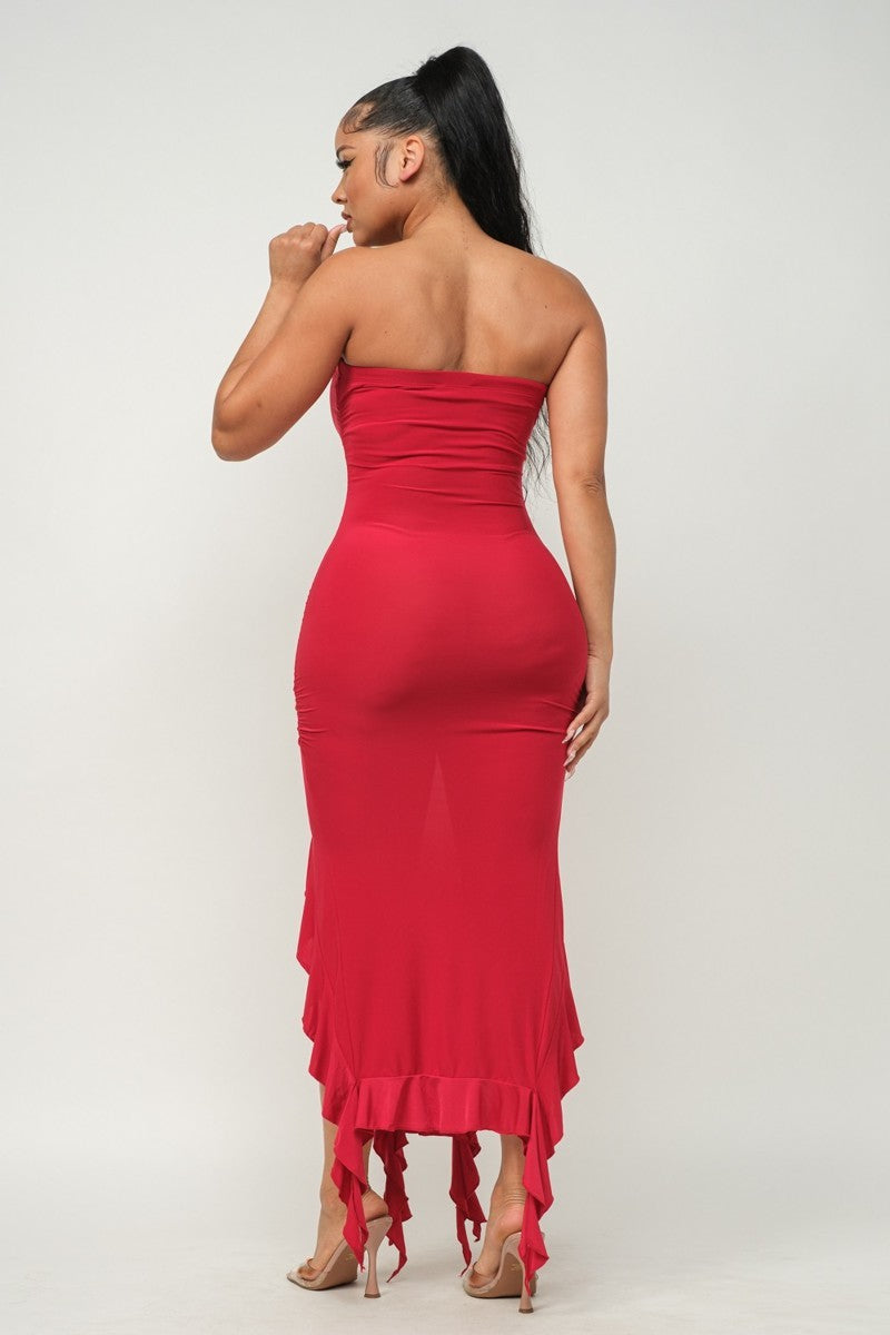 Strapless Ruffle Hem Maxi Dress