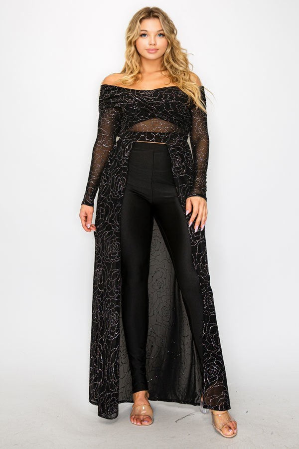 Mesh Glitter Cross Shoulder Wrap Maxi Shirt