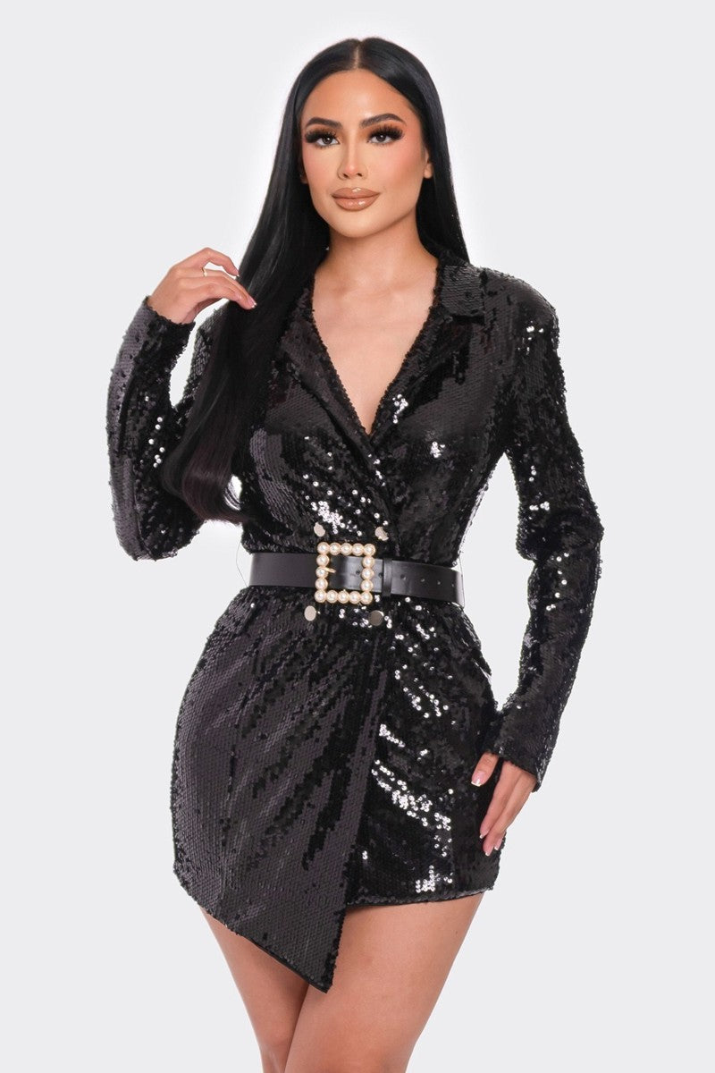 Belted Sequin Blazer Mini Dress