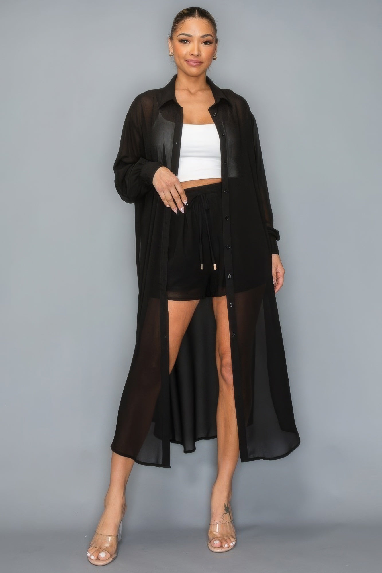 Button Down Long Sleeve Side Slit Maxi Top & Short Set