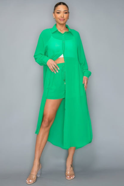 Button Down Long Sleeve Side Slit Maxi Top & Short Set